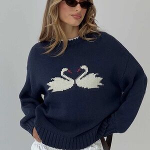 Navy Swan Knit Sweater - Classic Pullover